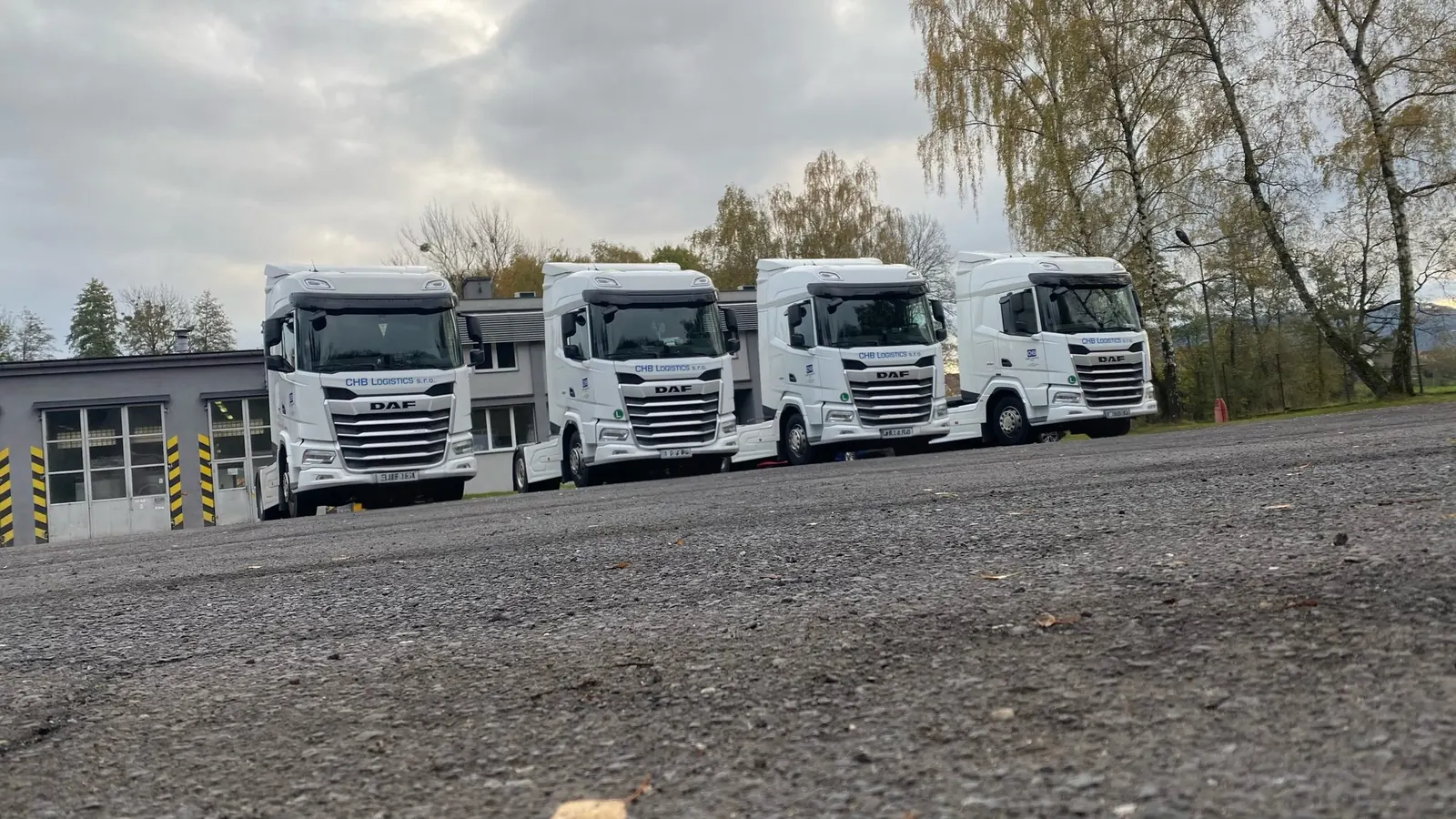 Four CHB Logistics DAF trucks parked in a row